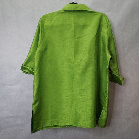 Caroline Rose Blouse Women M Iridescent Green Lagenlook Collared Roll-tab Sleeve - Picture 7 of 10